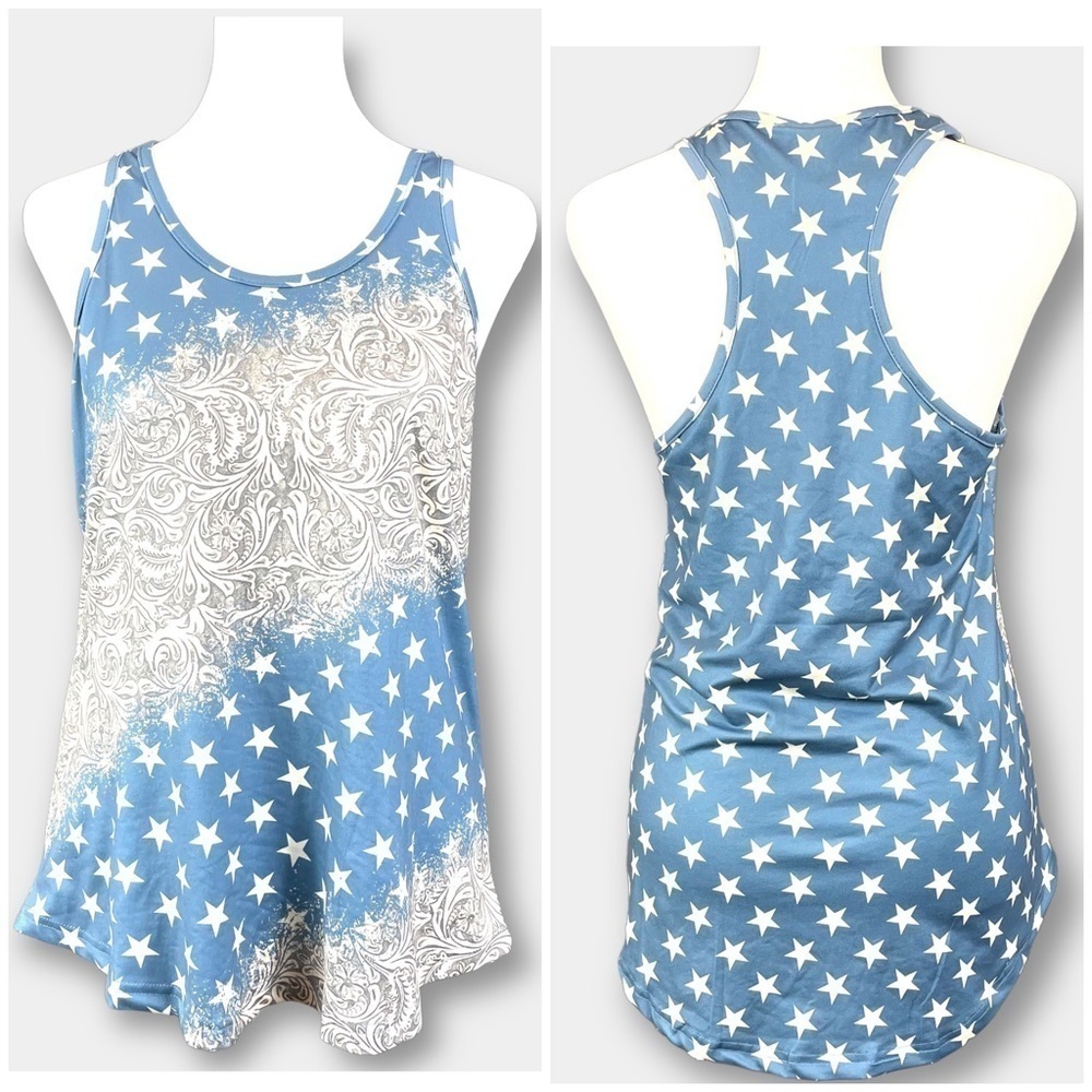 NWT Crazy Train Leather Lass Star Tank Top Blue Cream Size XS